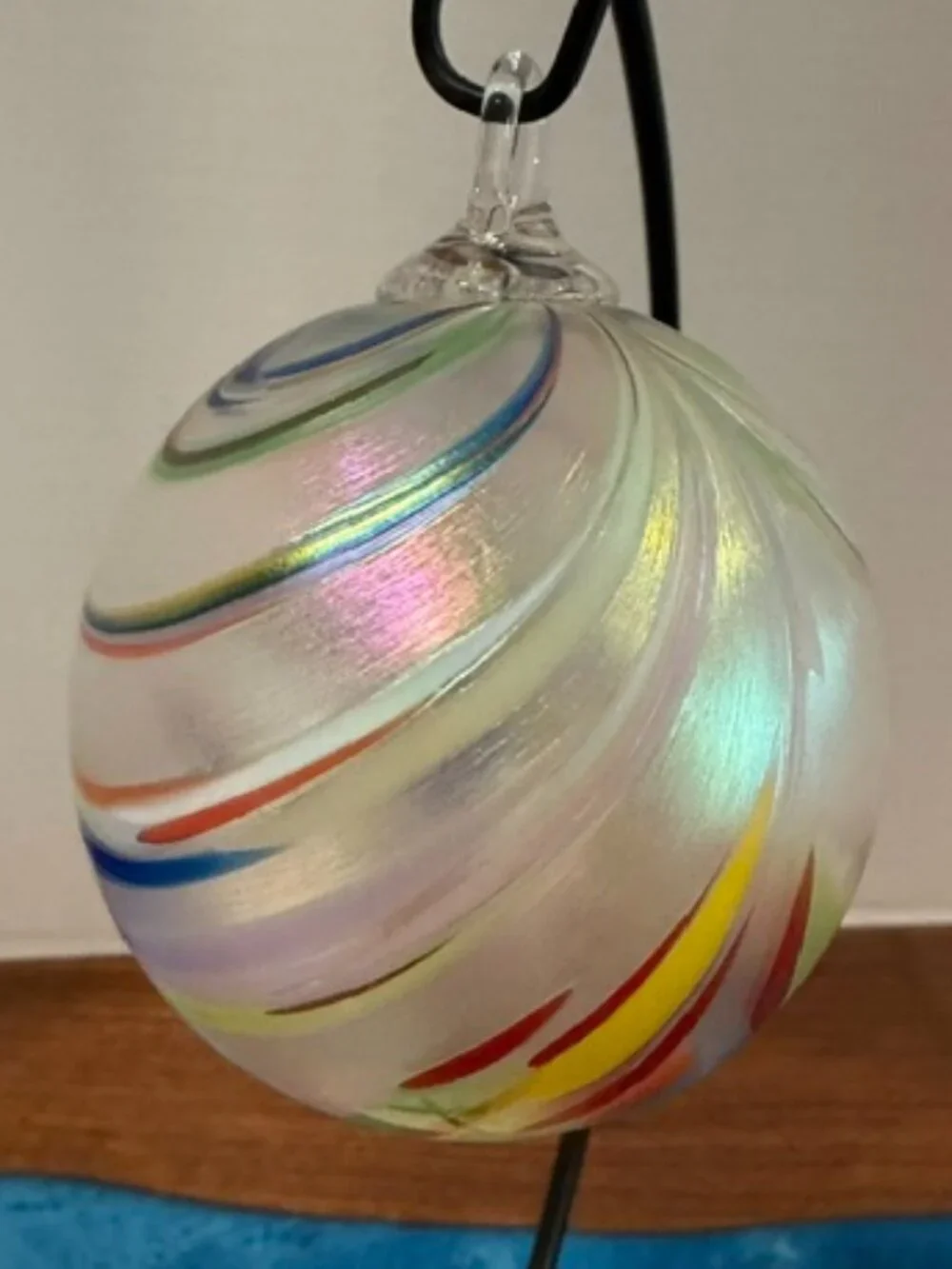 Artisan Hand Blown Multicolor Rainbow Splatter Pulled Swirl Glass Ball Ornament